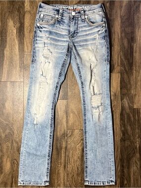 American Fighter Striker Relaxed Straight Stretch Distressed Jeans Men's Size 27